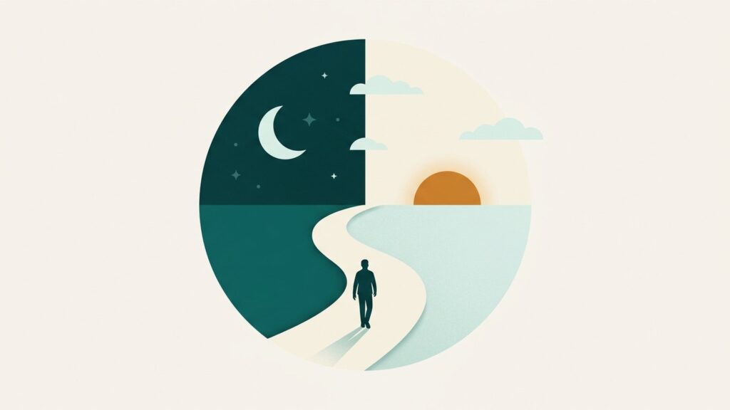 Illustration of a sleep-wake cycle with moon and sun and a person walking toward daylight, for a modafinil guide