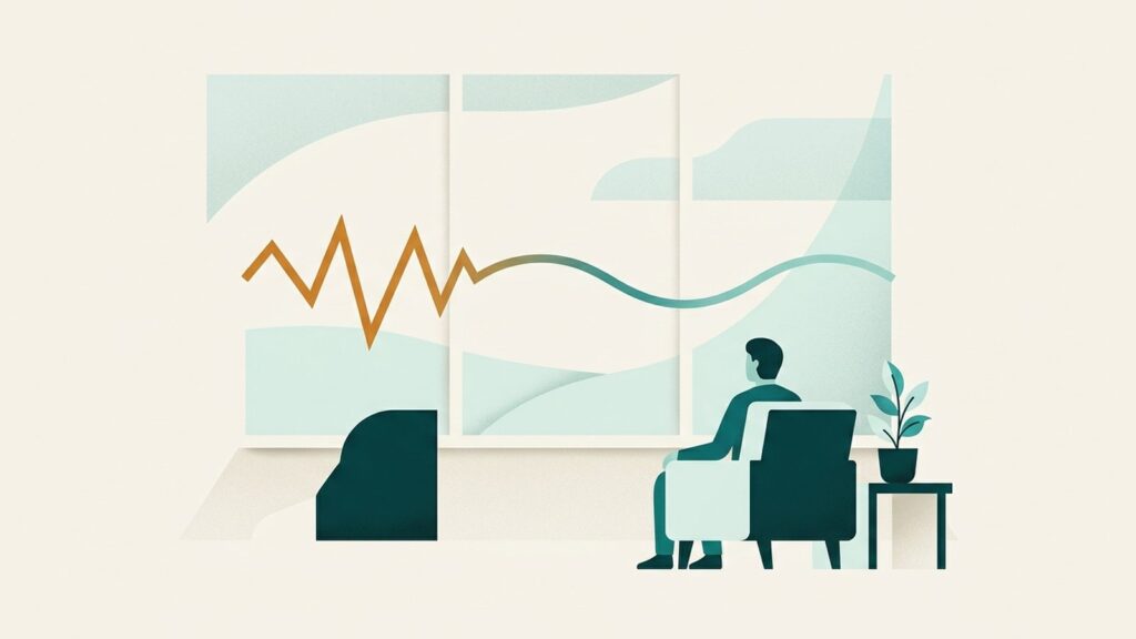 Illustration of a person resting by a window as a jagged amber line eases into a calm teal wave, for a tapentadol pain medicine guide