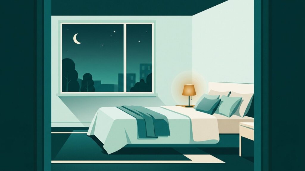 Flat illustration of a quiet bedroom at night with a crescent moon in the window, illustrating a zopiclone sleep medicine guide